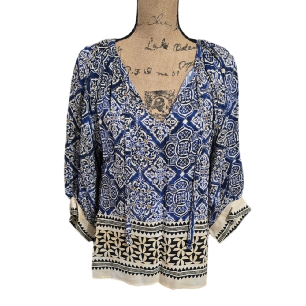 Karen Kane Blue and Gold Boho Blouson Sleeve Peasant Blouse Size Small New